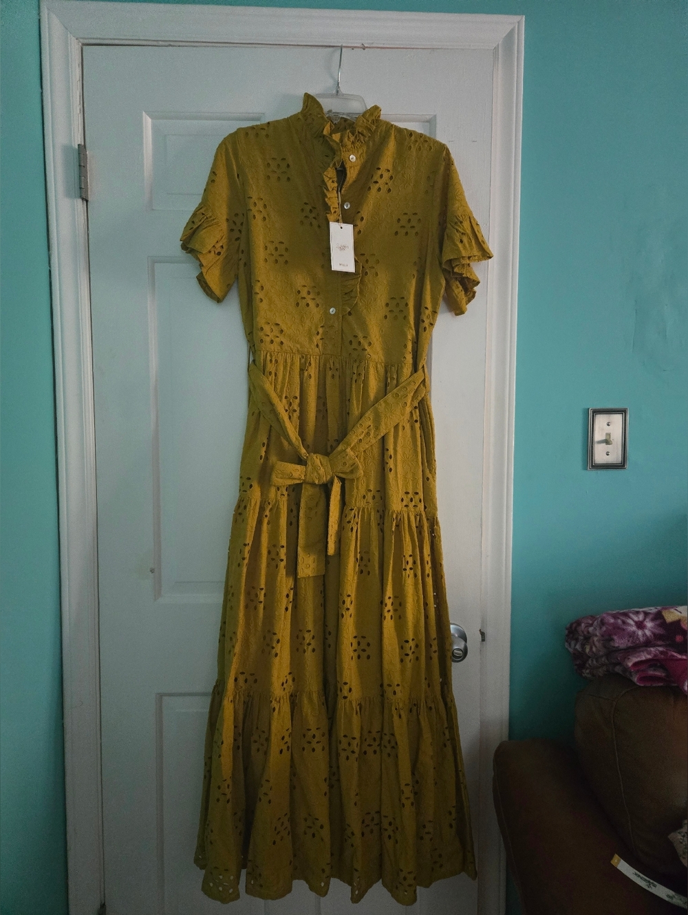 NWT Mille Mustard Eyelet Tiered Maxi Dress with Tie Waist